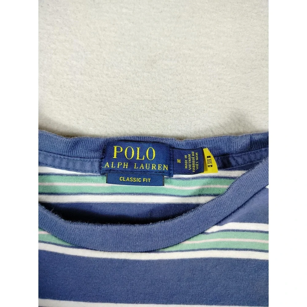 Polo Ralph Lauren Shirt Mens Medium Blue Striped Classic Fit Logo Tee Preppy